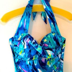 NWOT Vibrant Blue Multi Color Halter One Piece Swimsuit with skirt panel